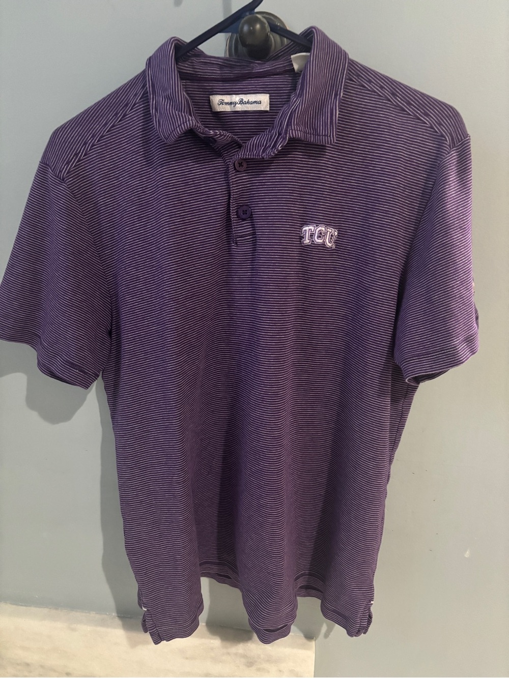 Tommy Bahama Purple Striped Polo with TCU Embroidery